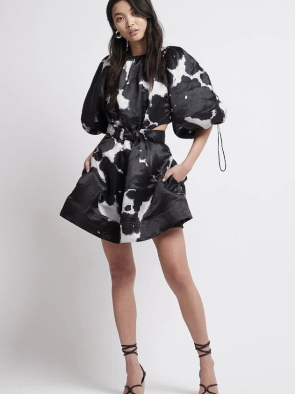 Aje Black and White Abstract Puff-Sleeve Mini Dress